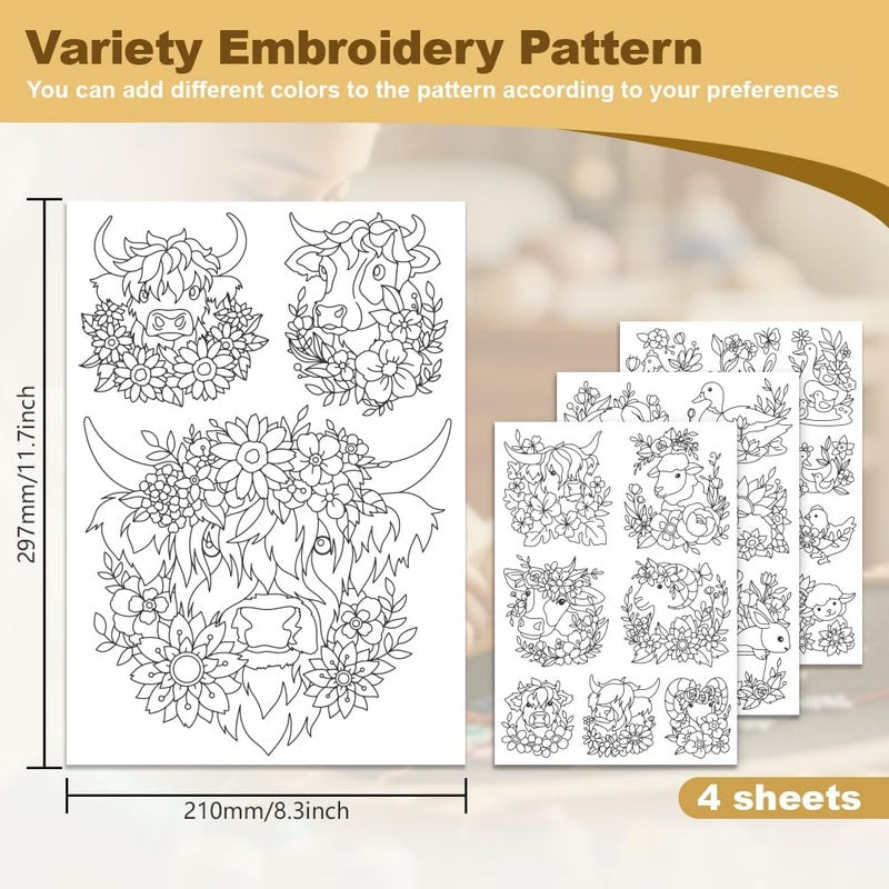DOODLREAM 27Pcs Farm Animals and Flowers Embroidery Pattern Stabilizer, 8.3"x11.7" Highland Cow Sheep Water Soluble Stick and Stitch Embroidery Sticker, 4 Sheets Rabbit Duck Hand Sewing DIY Embroidery Paper - Image 2